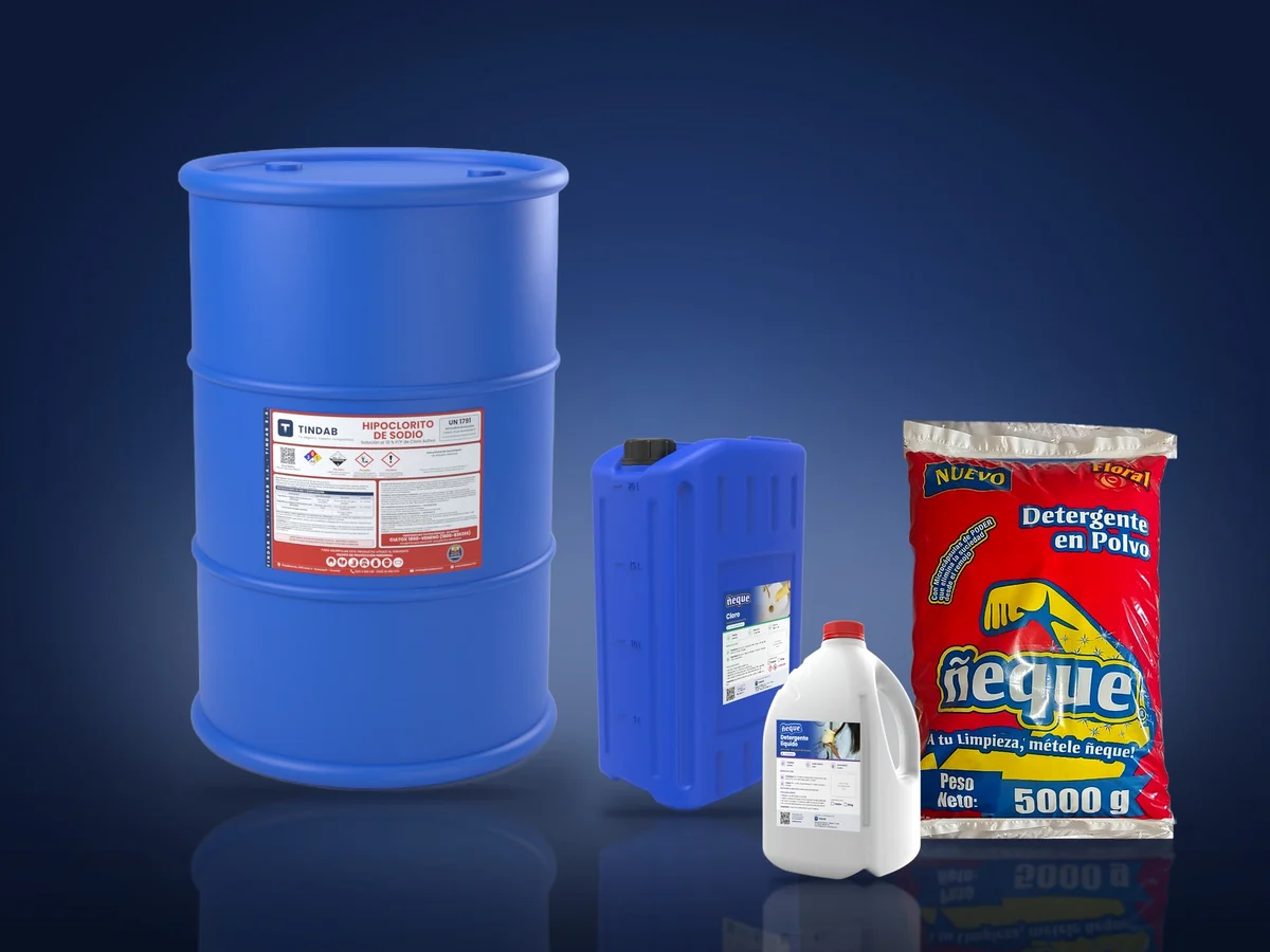 Hipoclorito de sodio en tanque y productos de limpieza ÑEQUE fabricados por TINDAB